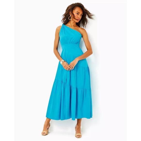 NEW Lilly Pulitzer Lucilyn Blue One Shoulder Maxi Dress Size‎ 16 Beach Vacation - Picture 1 of 4